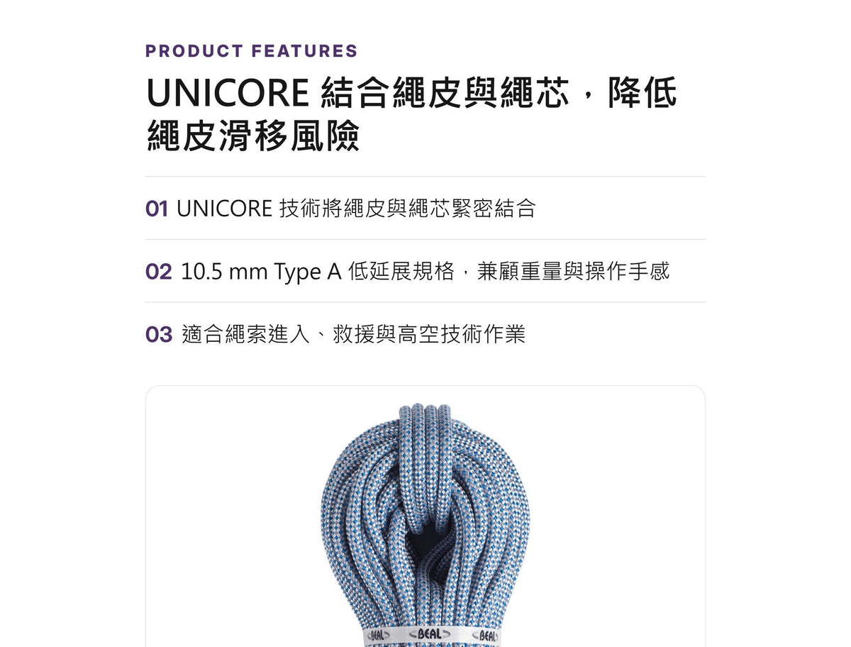 BEAL ACCESS UC 10.5 mm 靜力繩 UNICORE 裁切零售