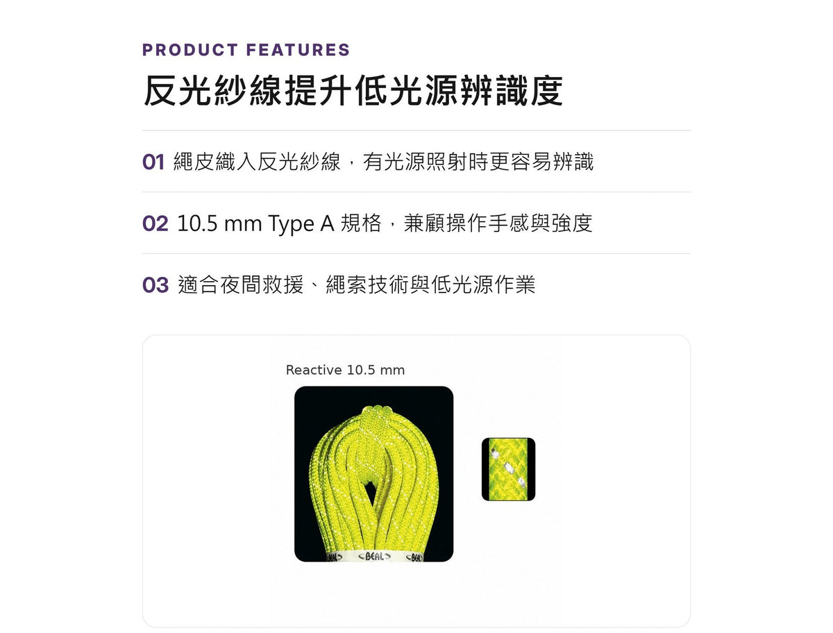 BEAL REACTIVE 10.5 mm 反光救援靜力繩 裁切零售