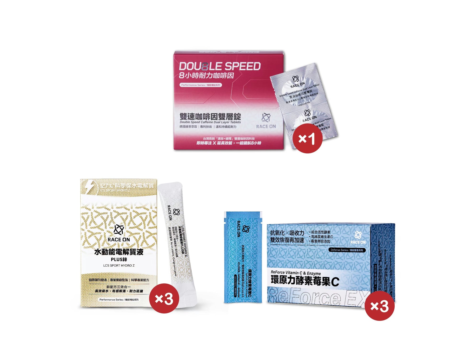 【機能補給組｜12週備賽】雙速咖啡因雙層錠x1盒＋水動能電解質液PLUS鋅x3盒＋環原力酵素苺果Cx3盒 mabuvalley