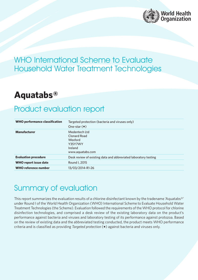 WHO 家用水處理技術國際評估計畫 Aquatabs 評估報告首頁