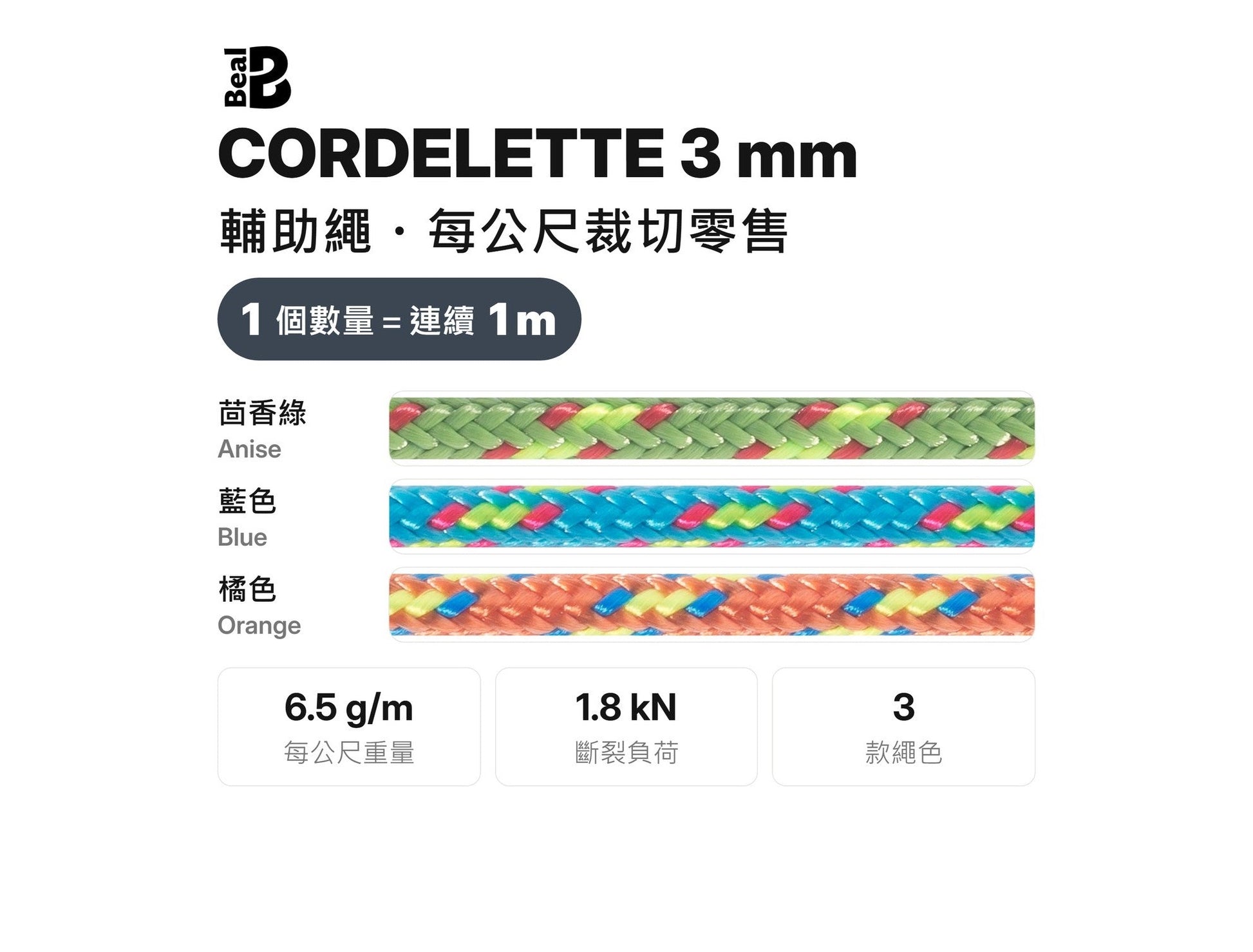 BEAL CORDELETTES 3 mm 輔助繩 裁切零售 mabuvalley