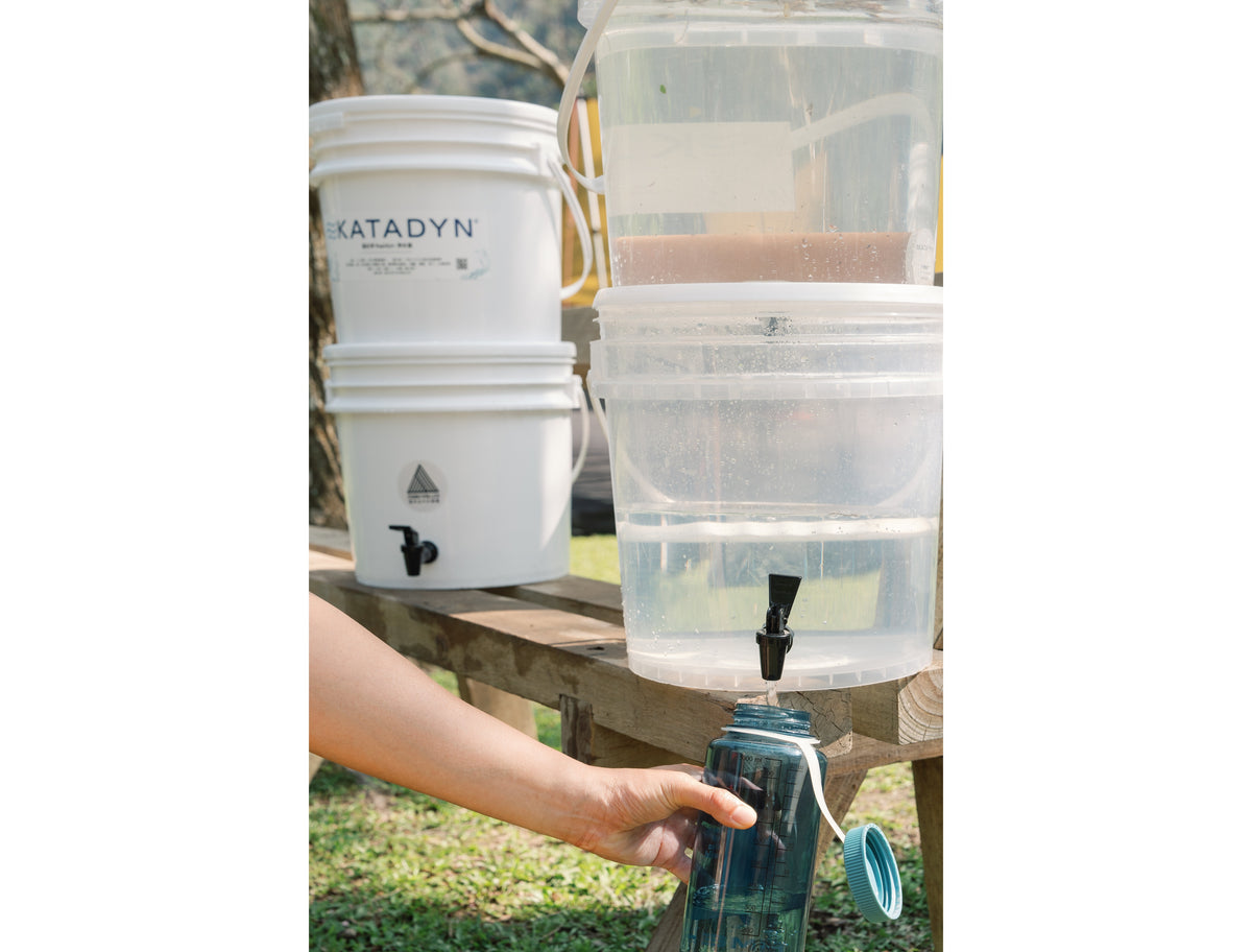KATADYN Rapidyn gravity water filter installed on a storage bucket