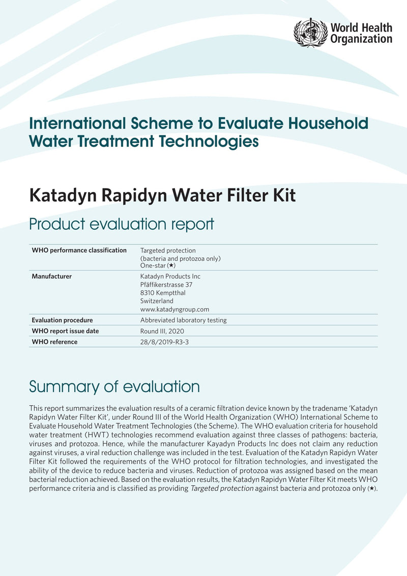 WHO 家用水處理技術國際評估計畫 Katadyn Rapidyn 產品評估報告封面