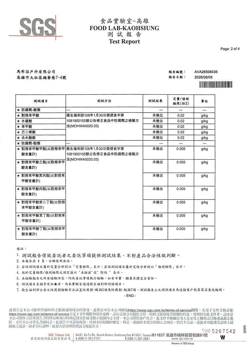 NRG-5 緊急口糧 SGS 測試報告 AVA26506435 第 2 頁：防腐劑 12 項測試結果