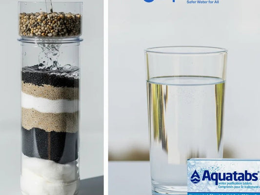 物理過濾與 Aquatabs 飲用水消毒示意