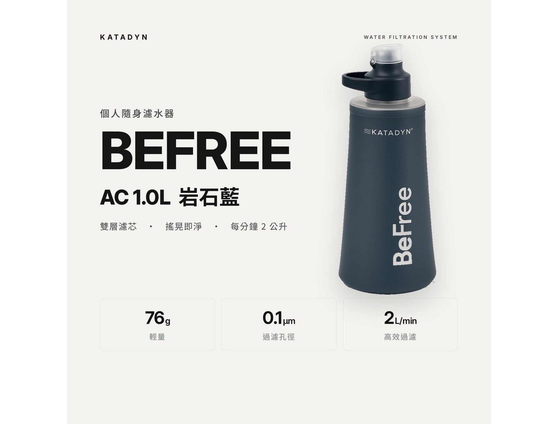 KATADYN 淨水設備 BeFree AC 個人隨身濾水器 1.0L 岩石藍 BeFree AC Filter 1.0L Slate Blue mabuvalley